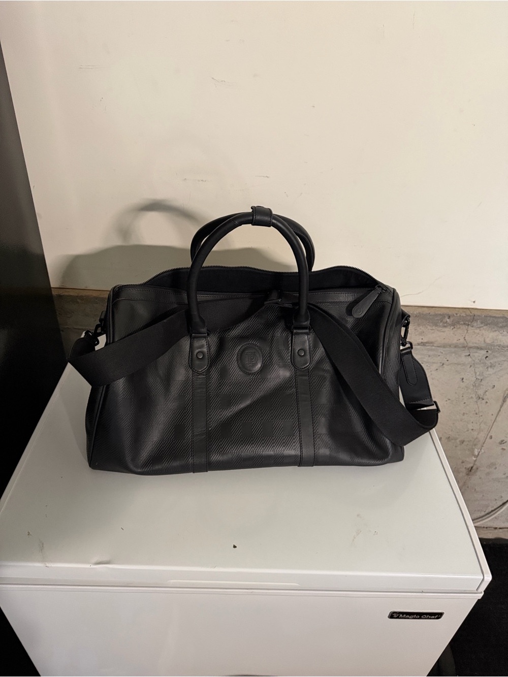Ted Baker London Black Textured Leather Duffel with Detachable Strap